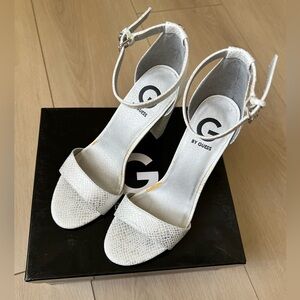 Guess Shantel 3 Snakskin Heel Sandal White/ Silver 7.5